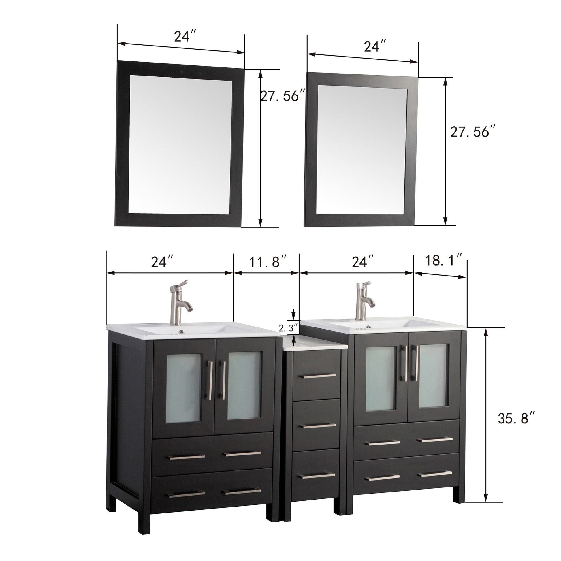 Vanity Art Brescia 60" Double Espresso Freestanding Vanity Set With Integrated Ceramic Sink, 1 Side Cabinet and 2 Mirrors