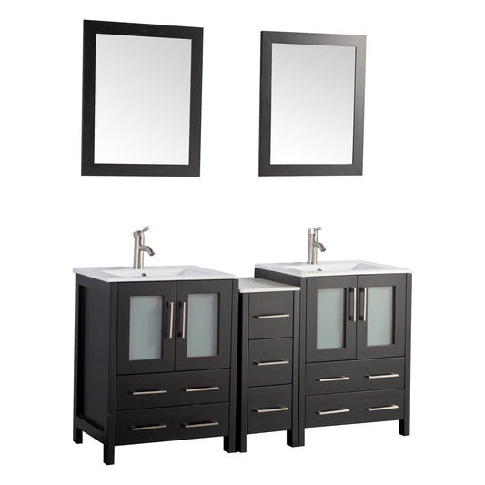 Vanity Art Brescia 60" Double Espresso Freestanding Vanity Set With Integrated Ceramic Sink, 1 Side Cabinet and 2 Mirrors