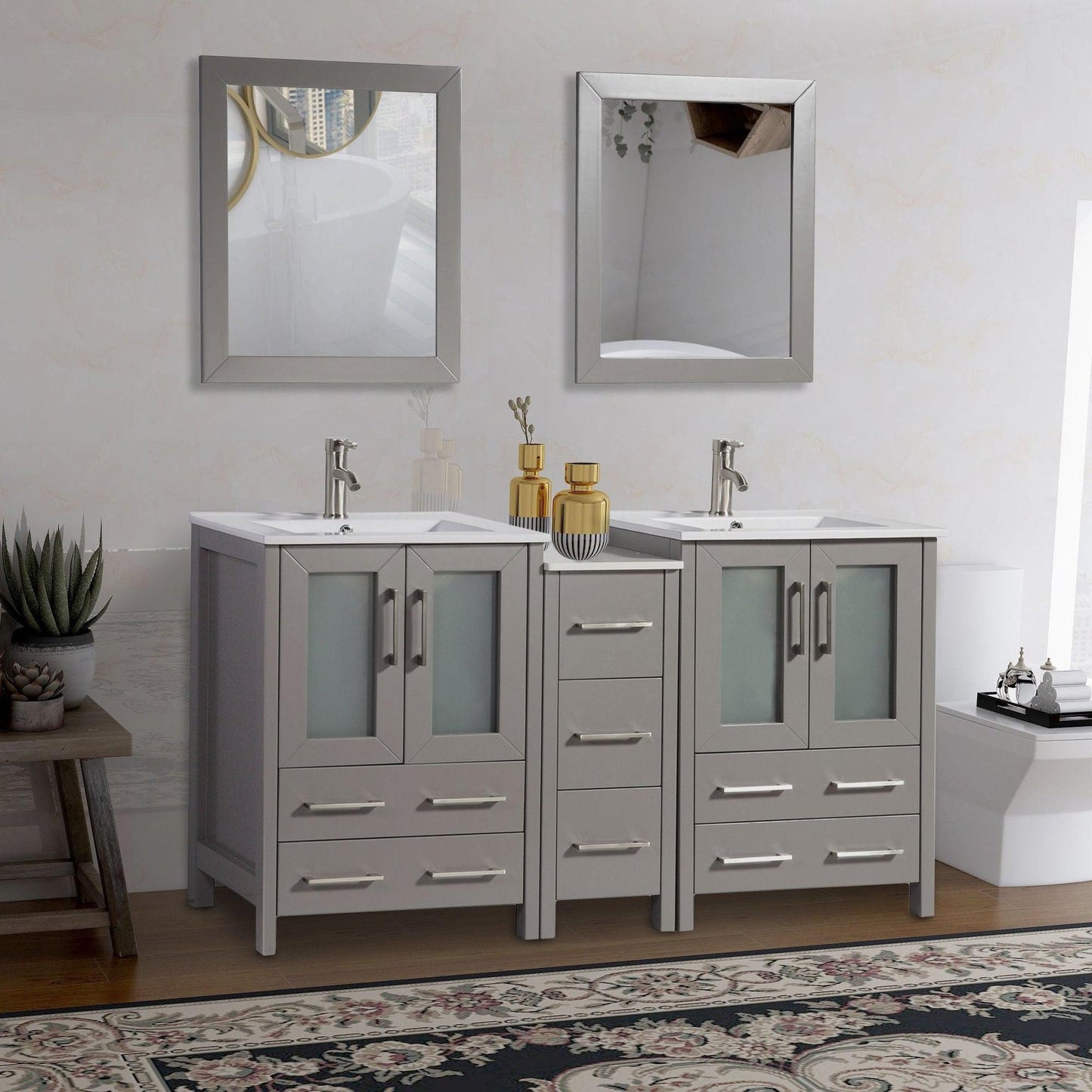 Vanity Art Brescia 60" Double Gray Freestanding Vanity Set With Integrated Ceramic Sink, 1 Side Cabinets and 2 Mirrors