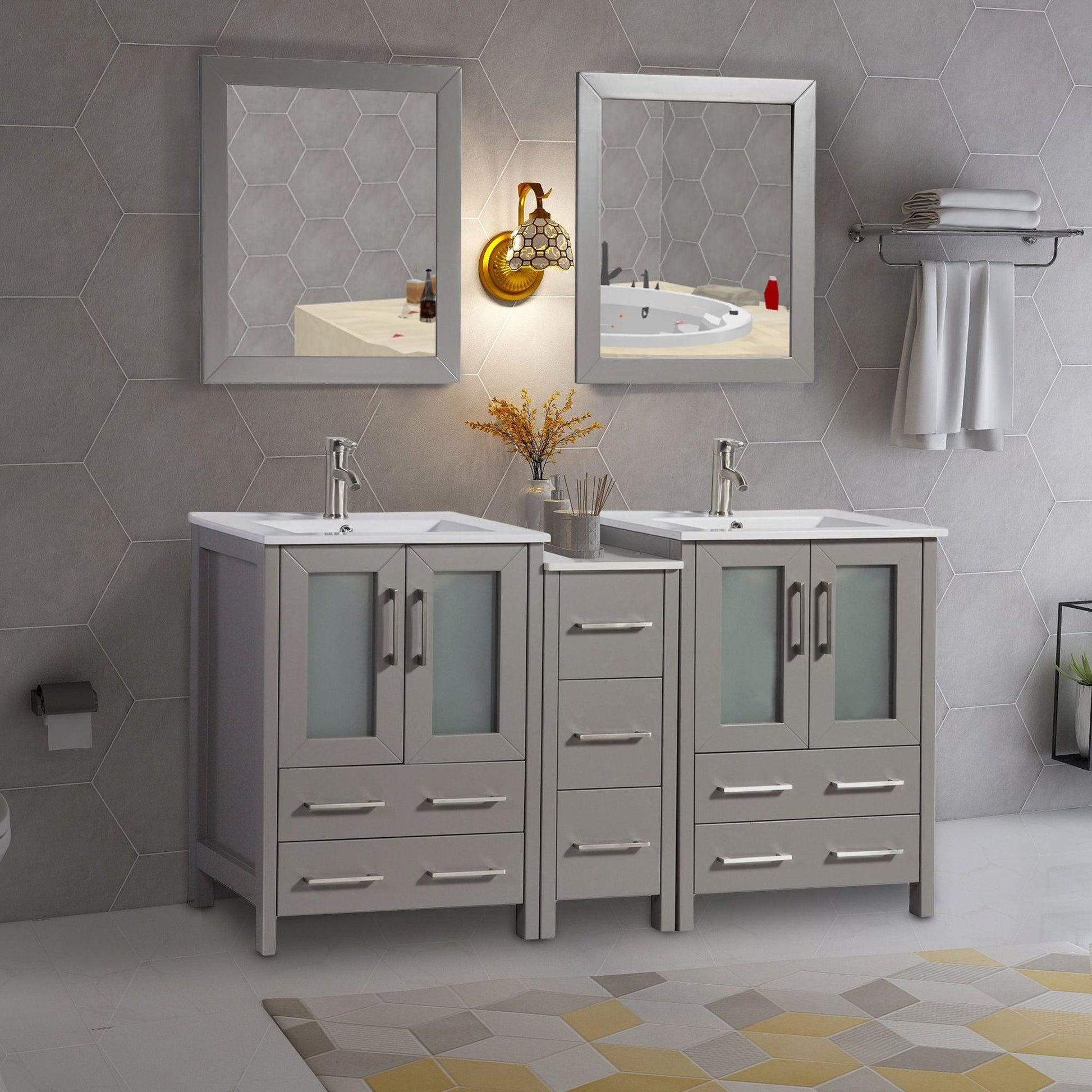 Vanity Art Brescia 60" Double Gray Freestanding Vanity Set With Integrated Ceramic Sink, 1 Side Cabinets and 2 Mirrors