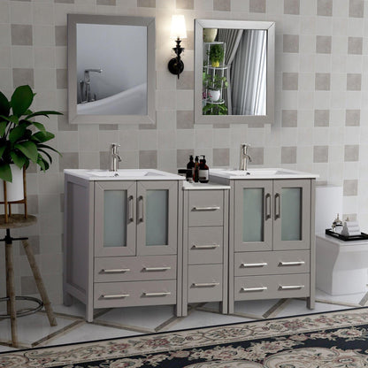 Vanity Art Brescia 60" Double Gray Freestanding Vanity Set With Integrated Ceramic Sink, 1 Side Cabinets and 2 Mirrors