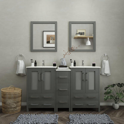Vanity Art Brescia 60" Double Gray Freestanding Vanity Set With Integrated Ceramic Sink, 1 Side Cabinets and 2 Mirrors