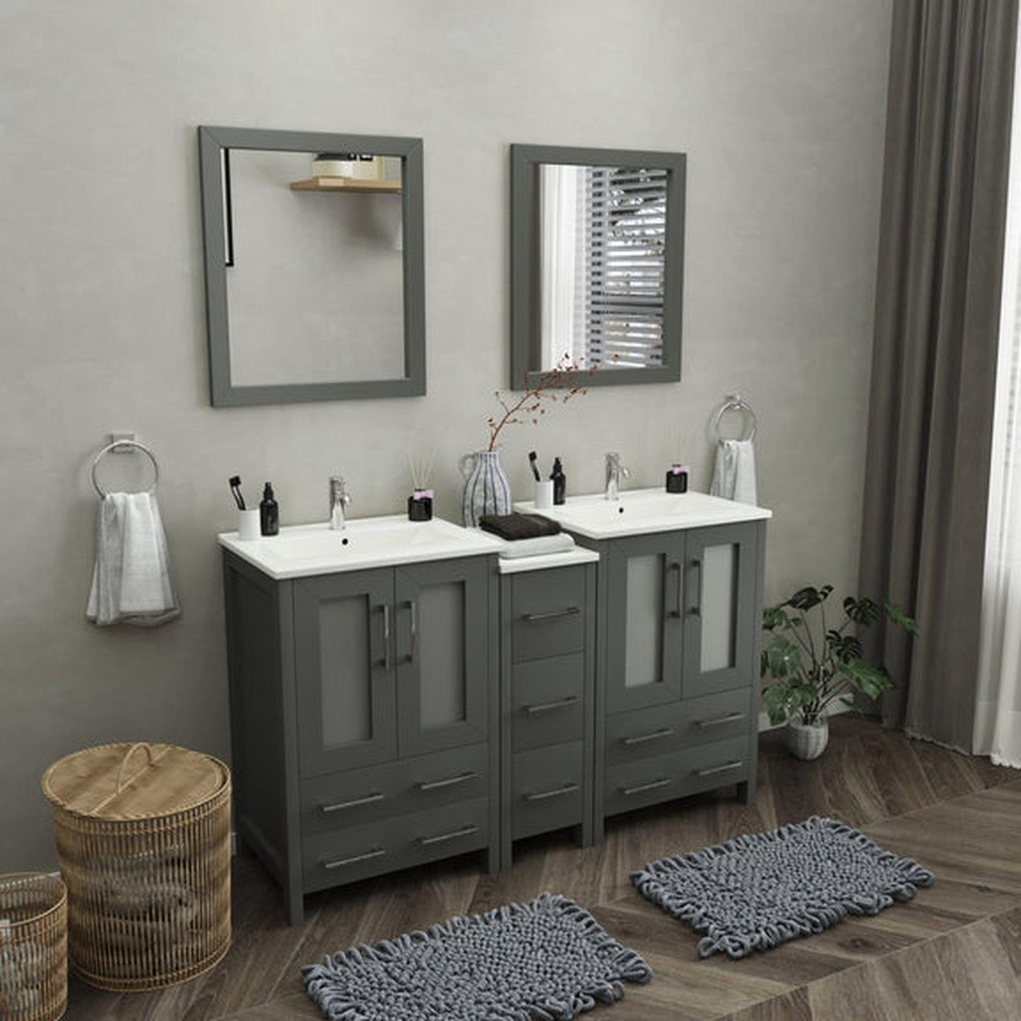 Vanity Art Brescia 60" Double Gray Freestanding Vanity Set With Integrated Ceramic Sink, 1 Side Cabinets and 2 Mirrors