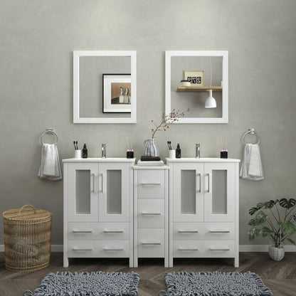 Vanity Art Brescia 60" Double White Freestanding Vanity Set With Integrated Ceramic Sink, 1 Side Cabinet and 2 Mirrors