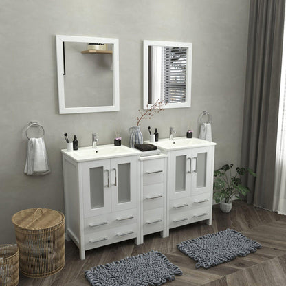 Vanity Art Brescia 60" Double White Freestanding Vanity Set With Integrated Ceramic Sink, 1 Side Cabinet and 2 Mirrors
