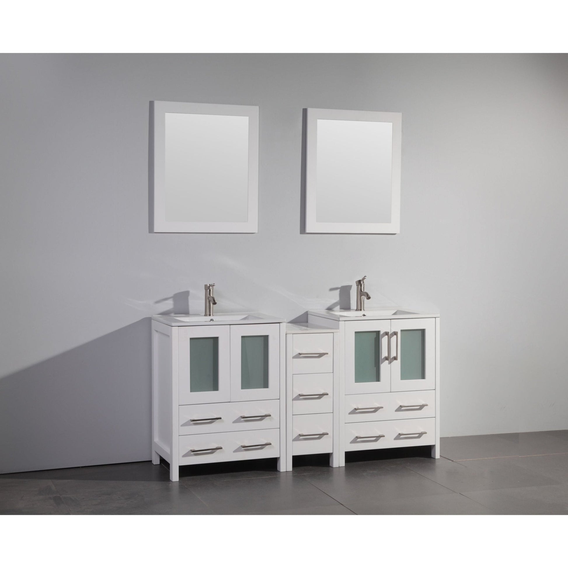 Vanity Art Brescia 60" Double White Freestanding Vanity Set With Integrated Ceramic Sink, 1 Side Cabinet and 2 Mirrors