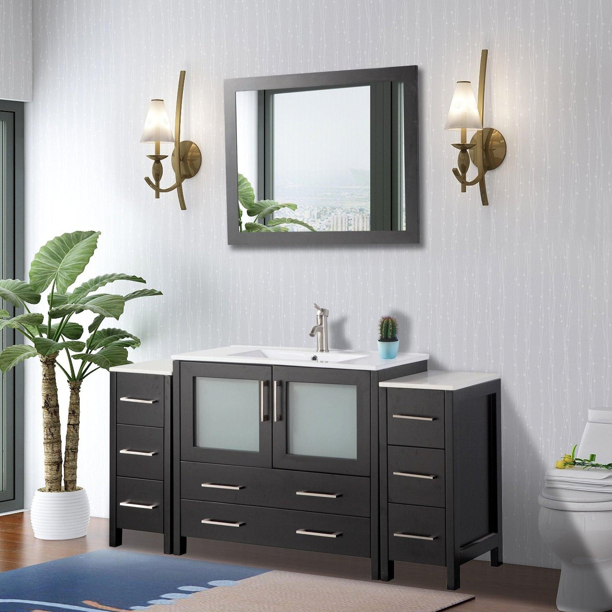 Vanity Art Brescia 60" Single Espresso Freestanding Modern Bathroom Vanity Set With Integrated Ceramic Sink, 2 Side Cabinet and Mirror