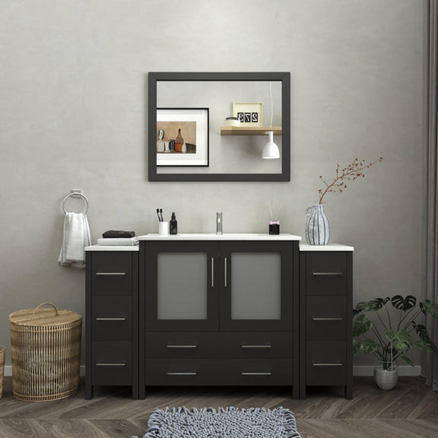 Vanity Art Brescia 60" Single Espresso Freestanding Modern Bathroom Vanity Set With Integrated Ceramic Sink, 2 Side Cabinet and Mirror