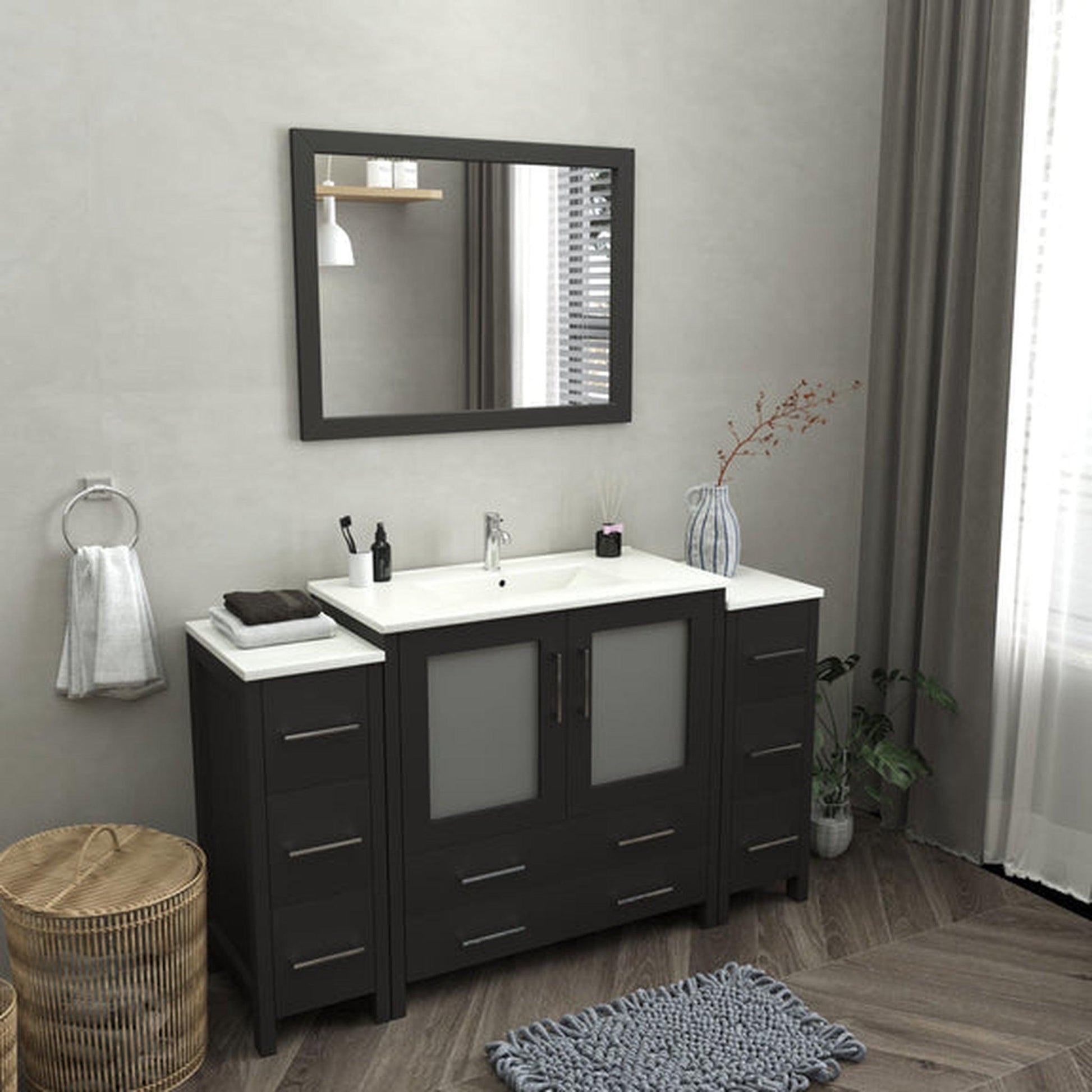 Vanity Art Brescia 60" Single Espresso Freestanding Modern Bathroom Vanity Set With Integrated Ceramic Sink, 2 Side Cabinet and Mirror