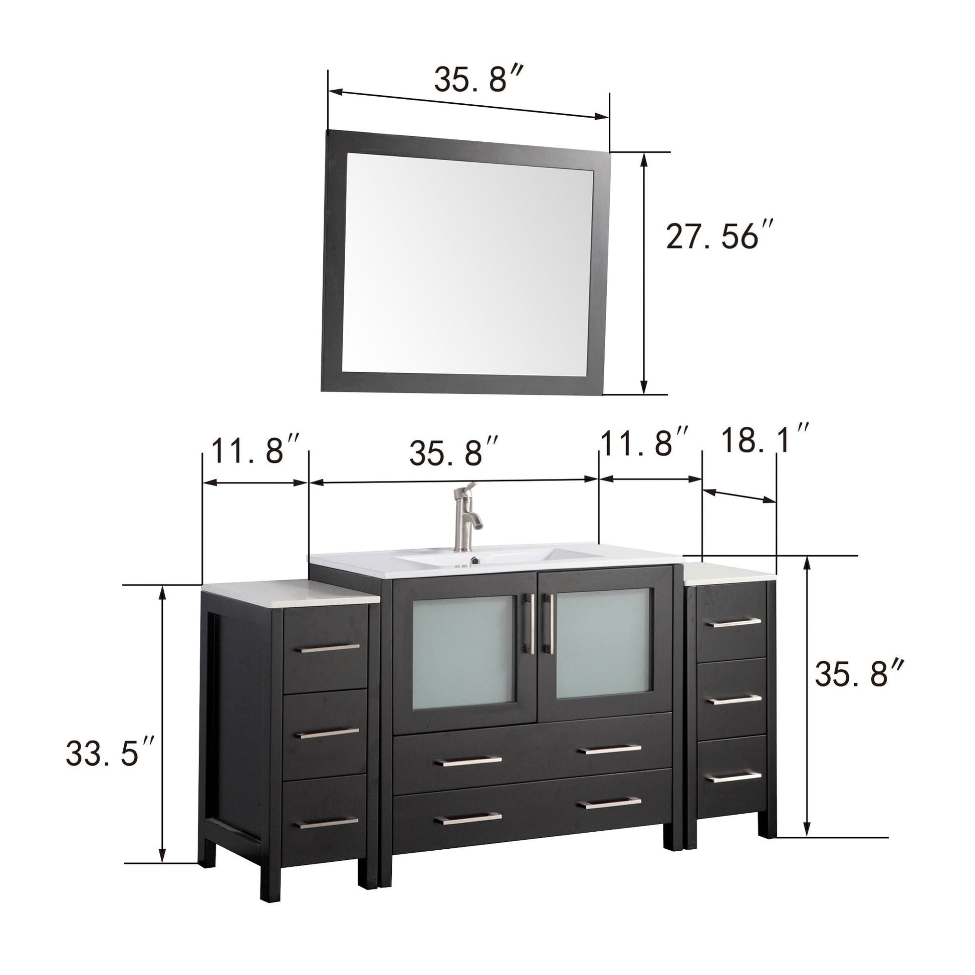 Vanity Art Brescia 60" Single Espresso Freestanding Modern Bathroom Vanity Set With Integrated Ceramic Sink, 2 Side Cabinet and Mirror