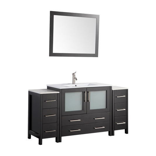 Vanity Art Brescia 60" Single Espresso Freestanding Modern Bathroom Vanity Set With Integrated Ceramic Sink, 2 Side Cabinet and Mirror