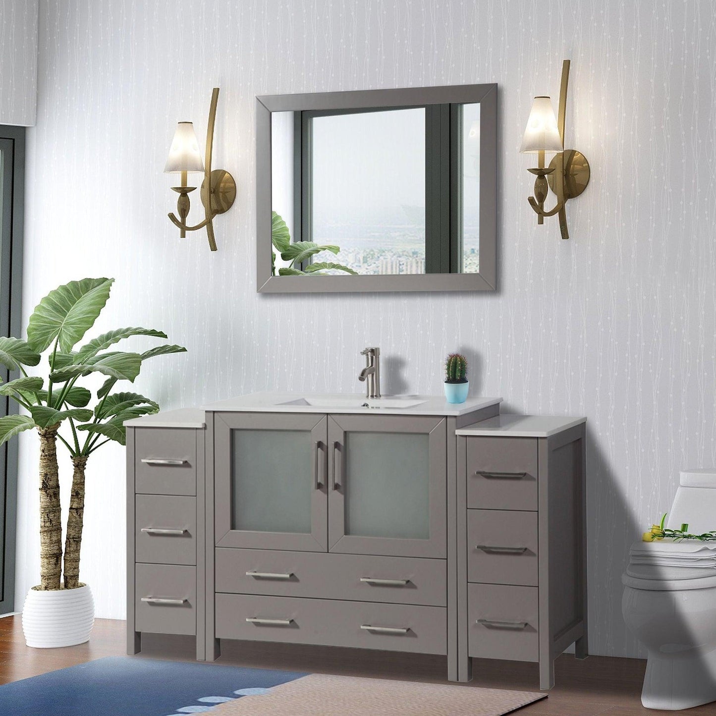 Vanity Art Brescia 60" Single Gray Freestanding Modern Bathroom Vanity Set With Integrated Ceramic Sink, 2 Side Cabinets and Mirror