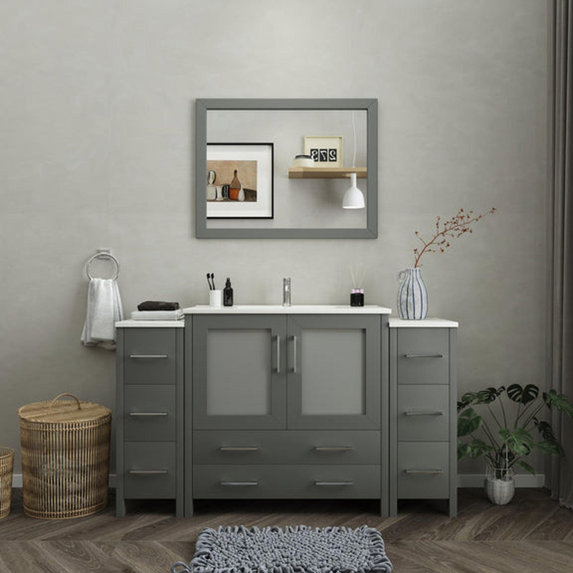 Vanity Art Brescia 60" Single Gray Freestanding Modern Bathroom Vanity Set With Integrated Ceramic Sink, 2 Side Cabinets and Mirror