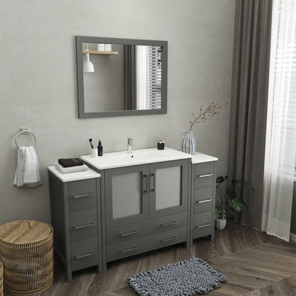 Vanity Art Brescia 60" Single Gray Freestanding Modern Bathroom Vanity Set With Integrated Ceramic Sink, 2 Side Cabinets and Mirror