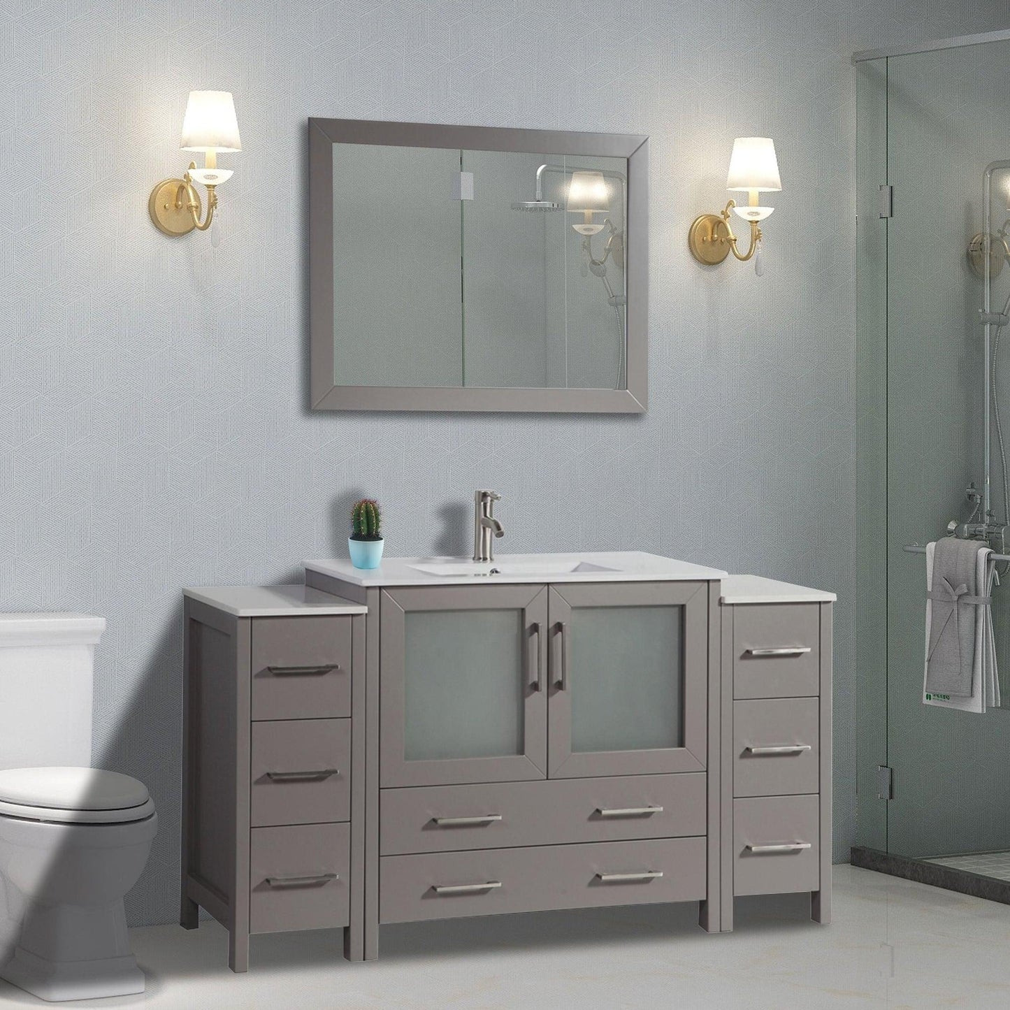 Vanity Art Brescia 60" Single Gray Freestanding Modern Bathroom Vanity Set With Integrated Ceramic Sink, 2 Side Cabinets and Mirror