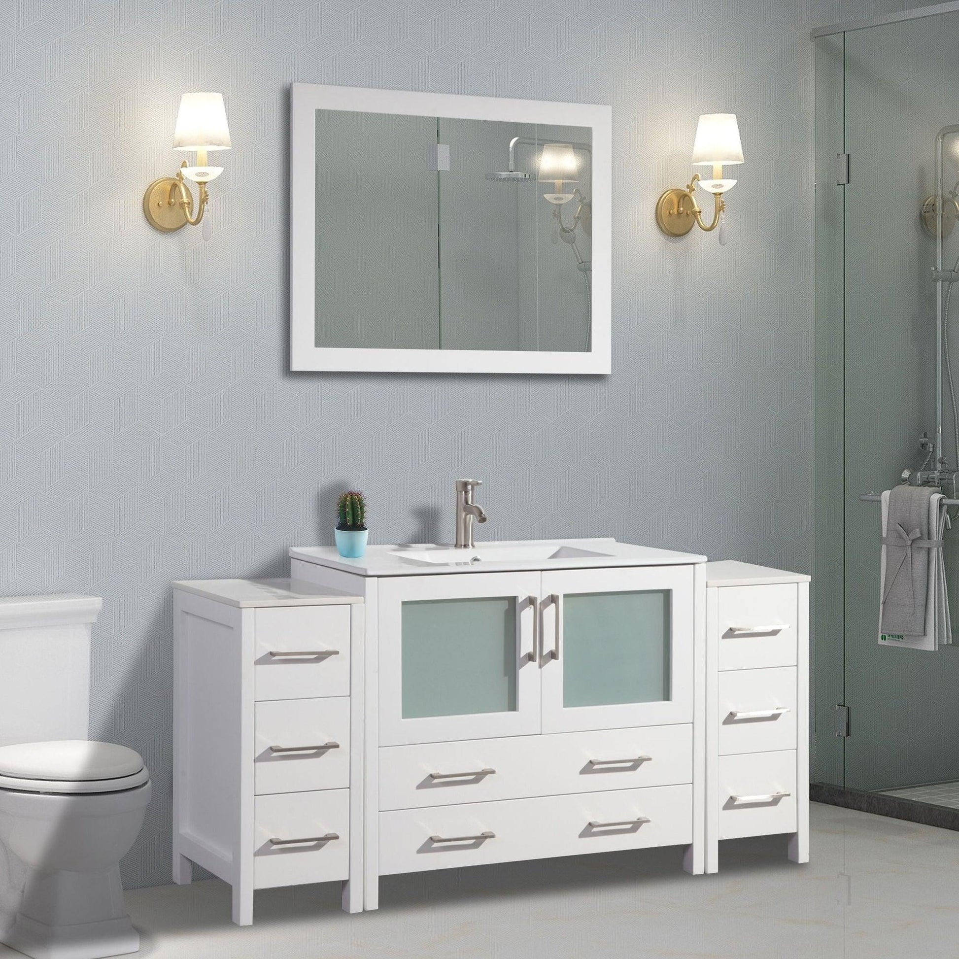 Vanity Art Brescia 60" Single White Freestanding Modern Bathroom Vanity Set With Integrated Ceramic Sink, 2 Side Cabinet and Mirror