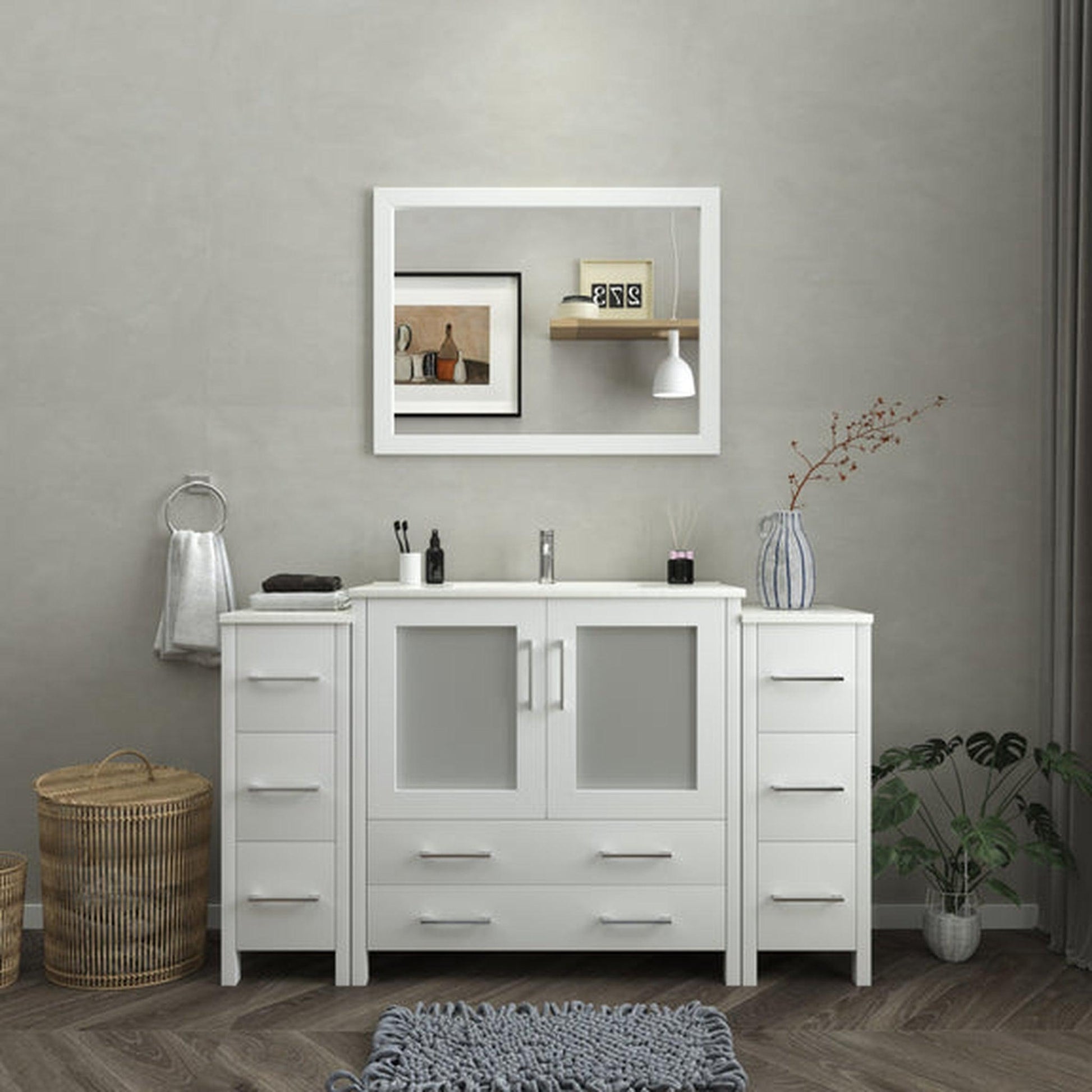 Vanity Art Brescia 60" Single White Freestanding Modern Bathroom Vanity Set With Integrated Ceramic Sink, 2 Side Cabinet and Mirror