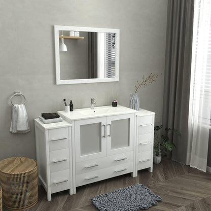 Vanity Art Brescia 60" Single White Freestanding Modern Bathroom Vanity Set With Integrated Ceramic Sink, 2 Side Cabinet and Mirror