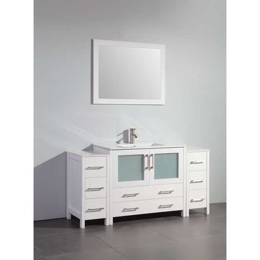 Vanity Art Brescia 60" Single White Freestanding Modern Bathroom Vanity Set With Integrated Ceramic Sink, 2 Side Cabinet and Mirror