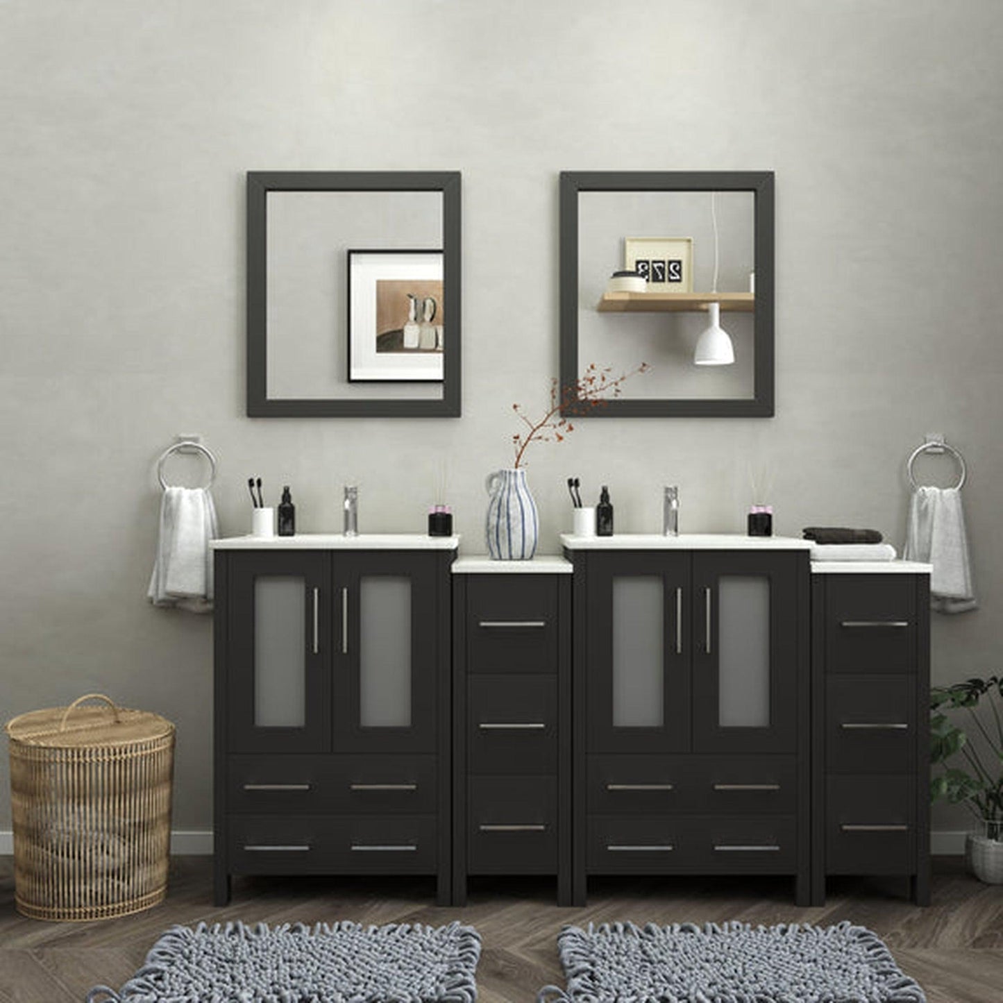 Vanity Art Brescia 72" Double Espresso Freestanding Vanity Set With Integrated Ceramic Sink, 2 Side Cabinets and 2 Mirrors
