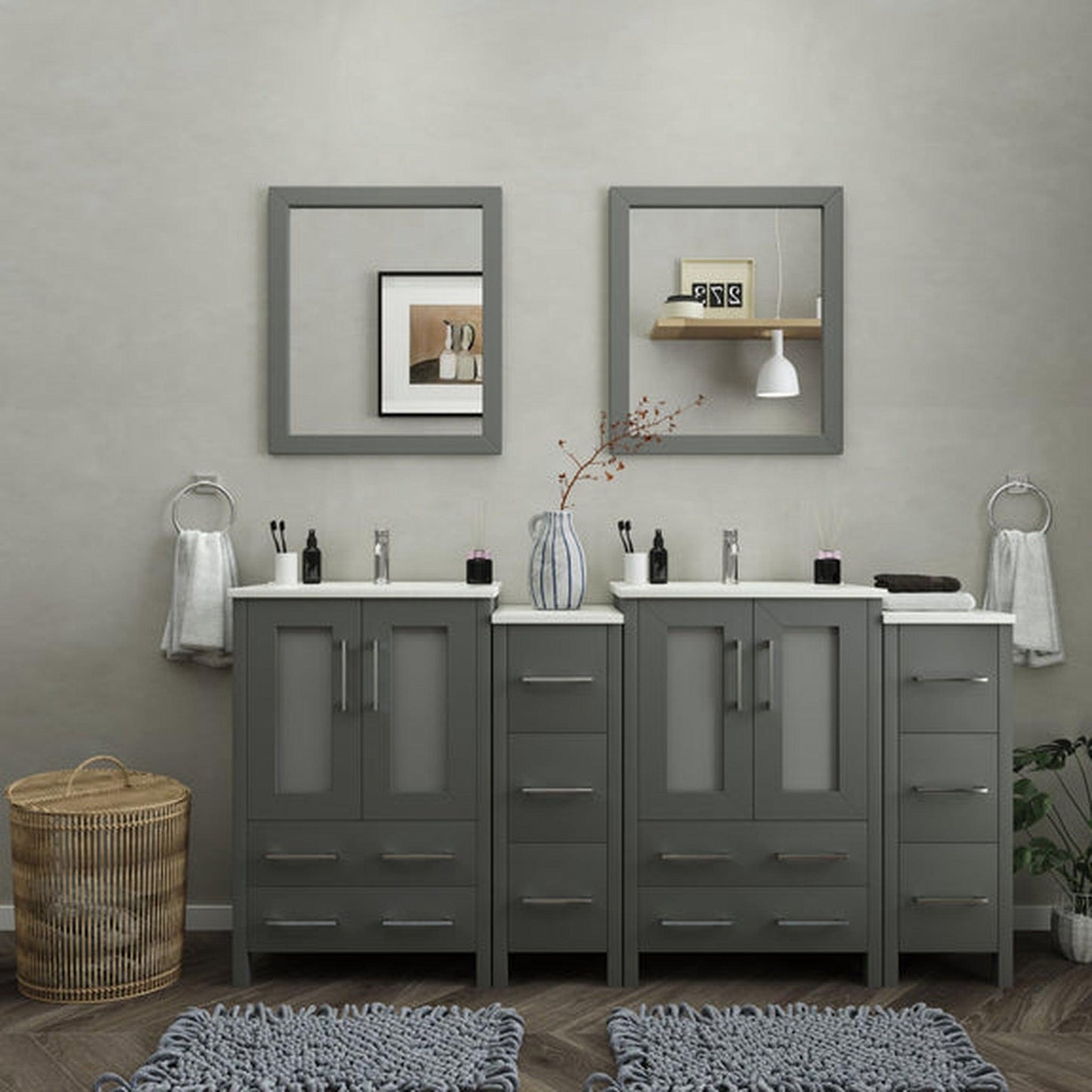 Vanity Art Brescia 72" Double Gray Freestanding Vanity Set With Integrated Ceramic Sink, 2 Side Cabinets and 2 Mirrors