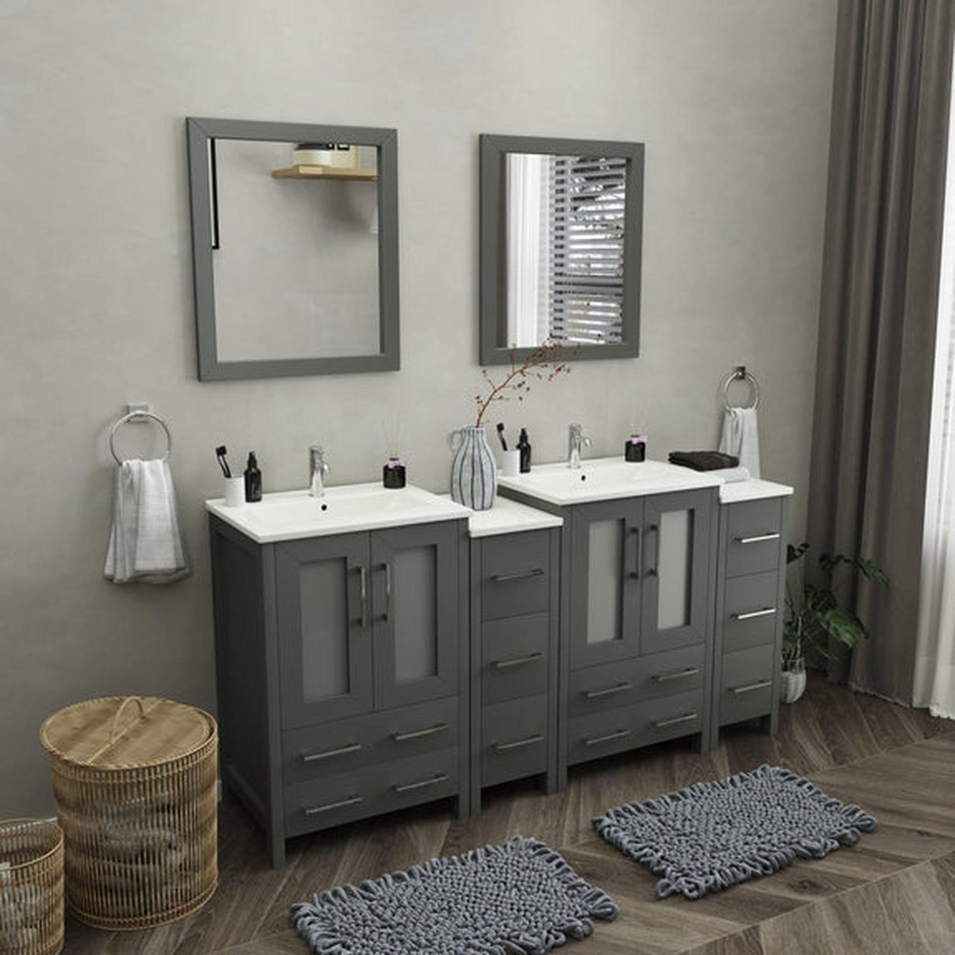 Vanity Art Brescia 72" Double Gray Freestanding Vanity Set With Integrated Ceramic Sink, 2 Side Cabinets and 2 Mirrors