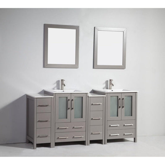 Vanity Art Brescia 72" Double Gray Freestanding Vanity Set With Integrated Ceramic Sink, 2 Side Cabinets and 2 Mirrors