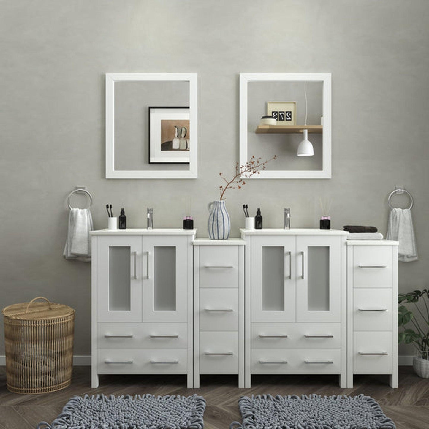 Vanity Art Brescia 72" Double White Freestanding Vanity Set With Integrated Ceramic Sink, 2 Side Cabinets and 2 Mirrors