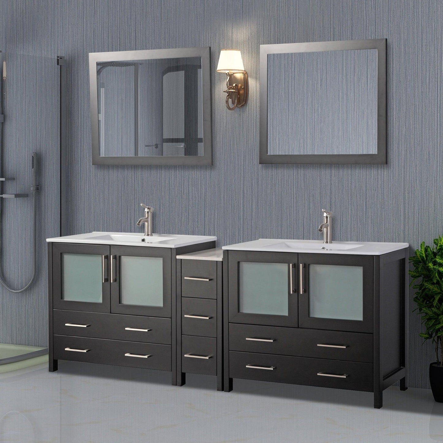 Vanity Art Brescia 84" Double Espresso Freestanding Modern Bathroom Vanity Set With Integrated Ceramic Sink, 1 Side Cabinet and 2 Mirrors