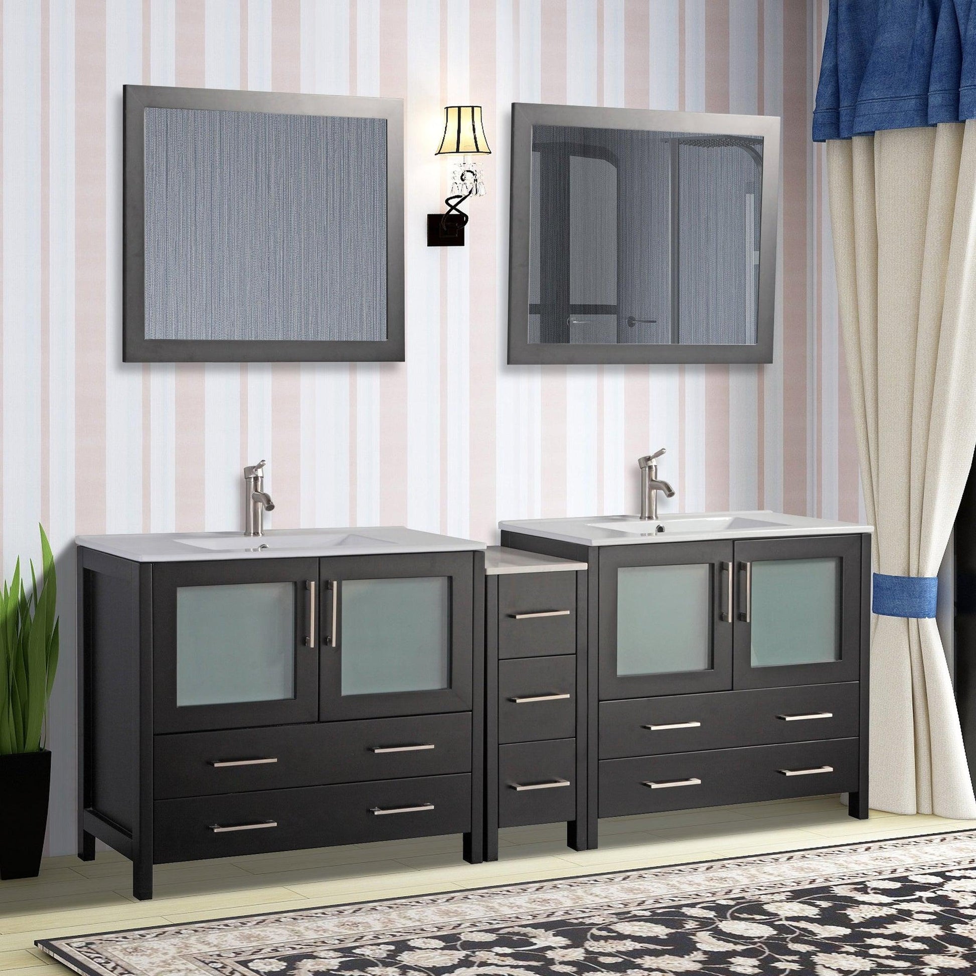 Vanity Art Brescia 84" Double Espresso Freestanding Modern Bathroom Vanity Set With Integrated Ceramic Sink, 1 Side Cabinet and 2 Mirrors