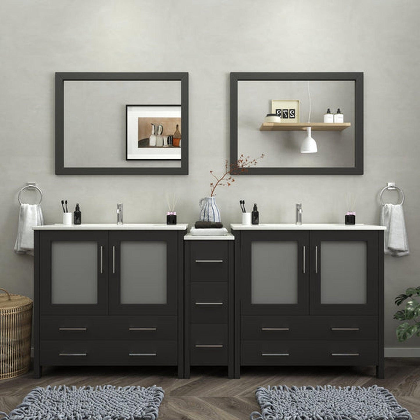 Vanity Art Brescia 84" Double Espresso Freestanding Modern Bathroom Vanity Set With Integrated Ceramic Sink, 1 Side Cabinet and 2 Mirrors