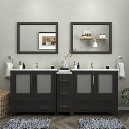 Vanity Art Brescia 84" Double Espresso Freestanding Modern Bathroom Vanity Set With Integrated Ceramic Sink, 1 Side Cabinet and 2 Mirrors