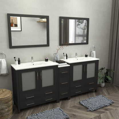 Vanity Art Brescia 84" Double Espresso Freestanding Modern Bathroom Vanity Set With Integrated Ceramic Sink, 1 Side Cabinet and 2 Mirrors