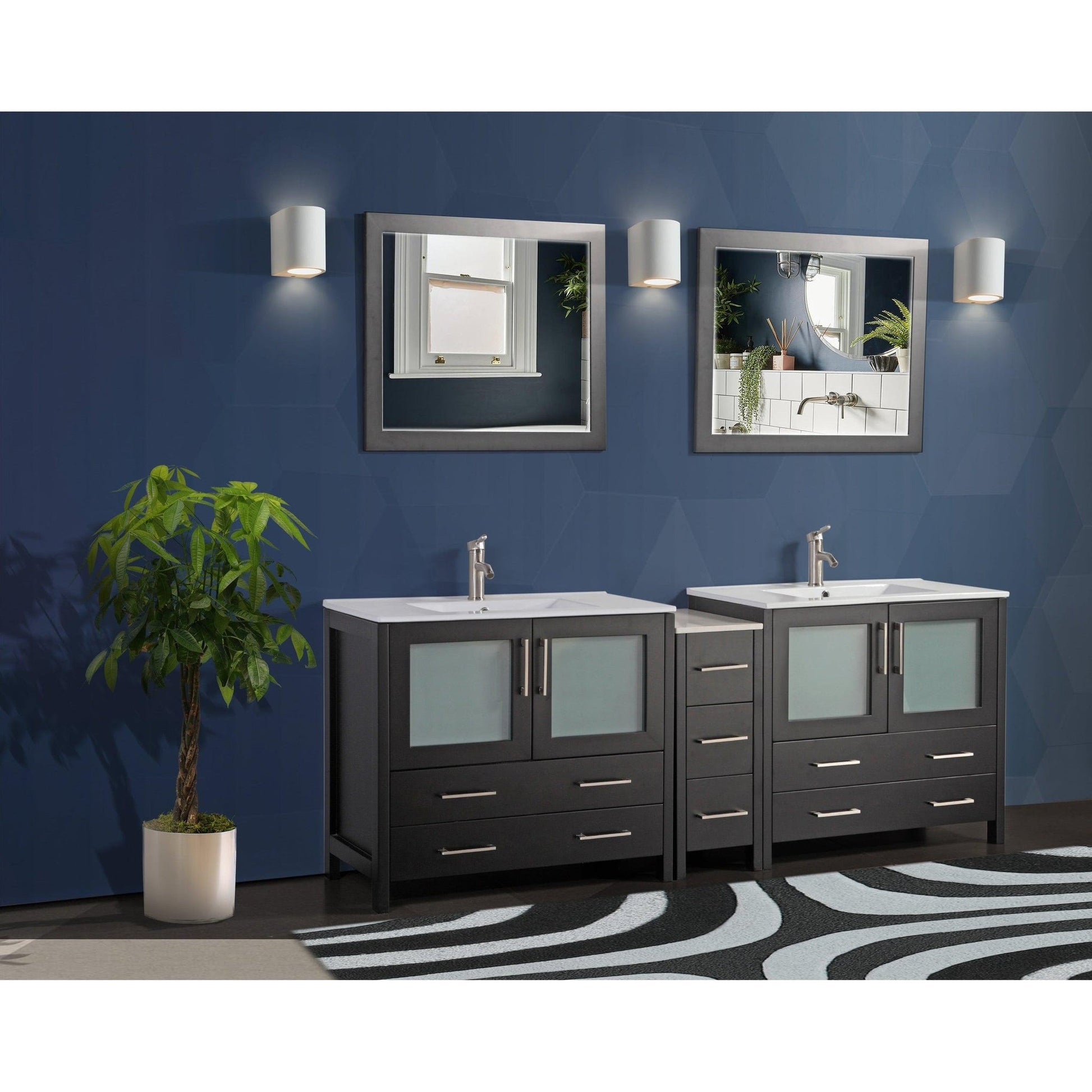 Vanity Art Brescia 84" Double Espresso Freestanding Modern Bathroom Vanity Set With Integrated Ceramic Sink, 1 Side Cabinet and 2 Mirrors