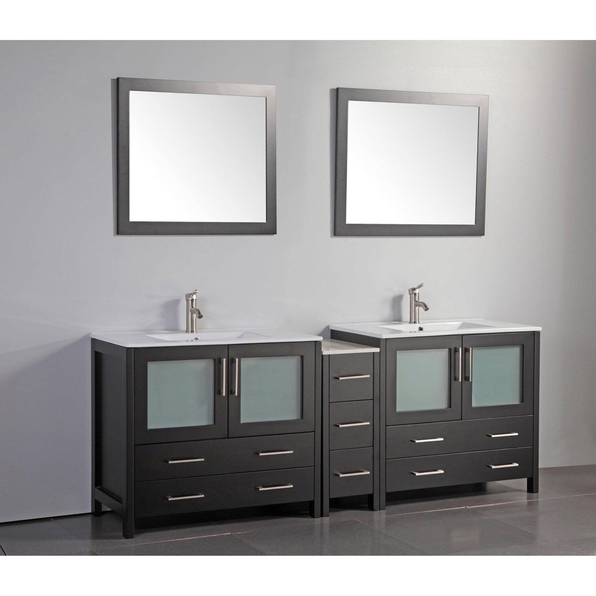 Vanity Art Brescia 84" Double Espresso Freestanding Modern Bathroom Vanity Set With Integrated Ceramic Sink, 1 Side Cabinet and 2 Mirrors