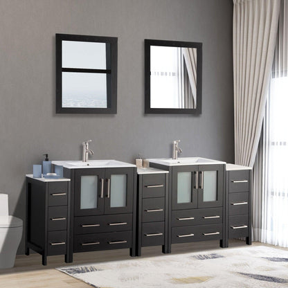 Vanity Art Brescia 84" Double Espresso Freestanding Vanity Set With With Integrated Ceramic Sink, 3 Side Cabinets and 2 Mirrors
