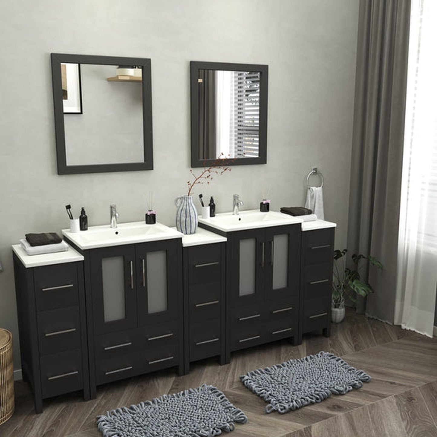 Vanity Art Brescia 84" Double Espresso Freestanding Vanity Set With With Integrated Ceramic Sink, 3 Side Cabinets and 2 Mirrors