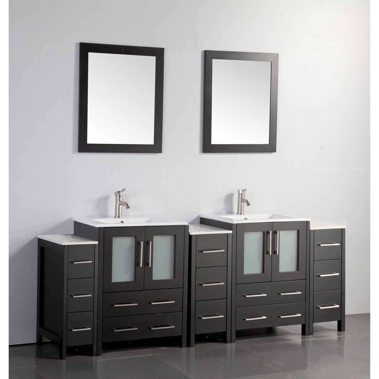 Vanity Art Brescia 84" Double Espresso Freestanding Vanity Set With With Integrated Ceramic Sink, 3 Side Cabinets and 2 Mirrors