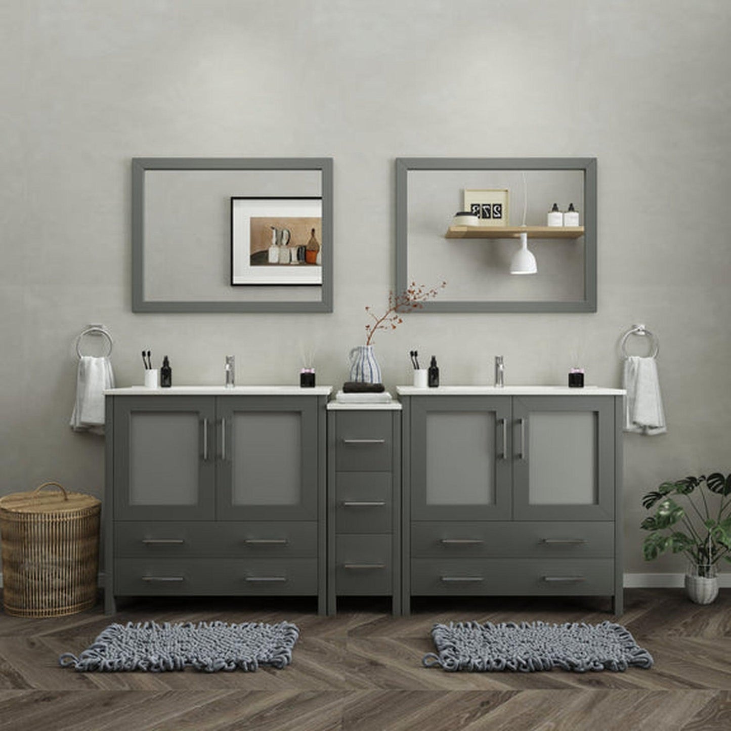 Vanity Art Brescia 84" Double Gray Freestanding Modern Bathroom Vanity Set With Integrated Ceramic Sink, 1 Side Cabinet and 2 Mirrors