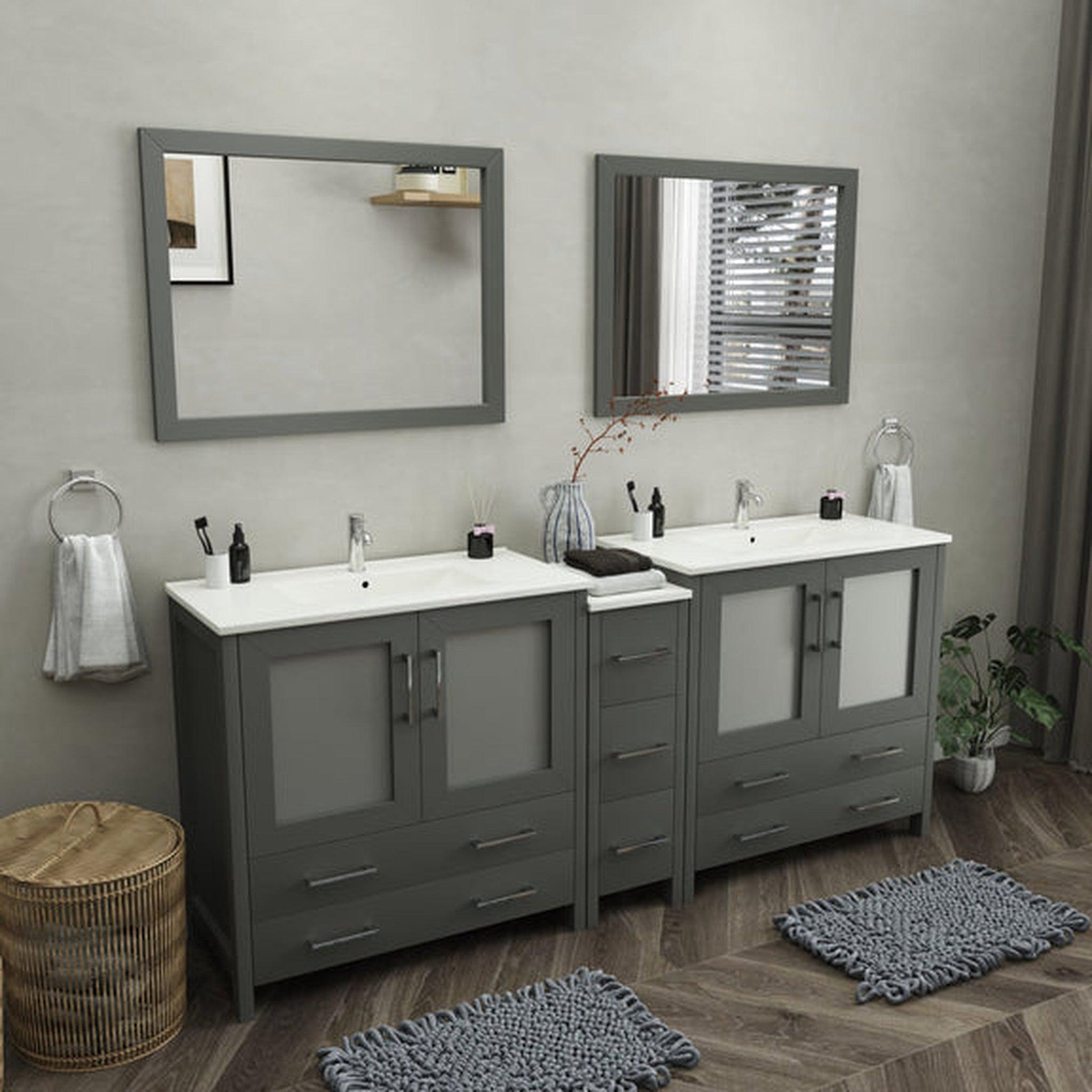 Vanity Art 84-Inch Double Sink Bathroom Vanity Set with Ceramic Top Grey