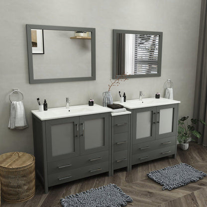 Vanity Art Brescia 84" Double Gray Freestanding Modern Bathroom Vanity Set With Integrated Ceramic Sink, 1 Side Cabinet and 2 Mirrors