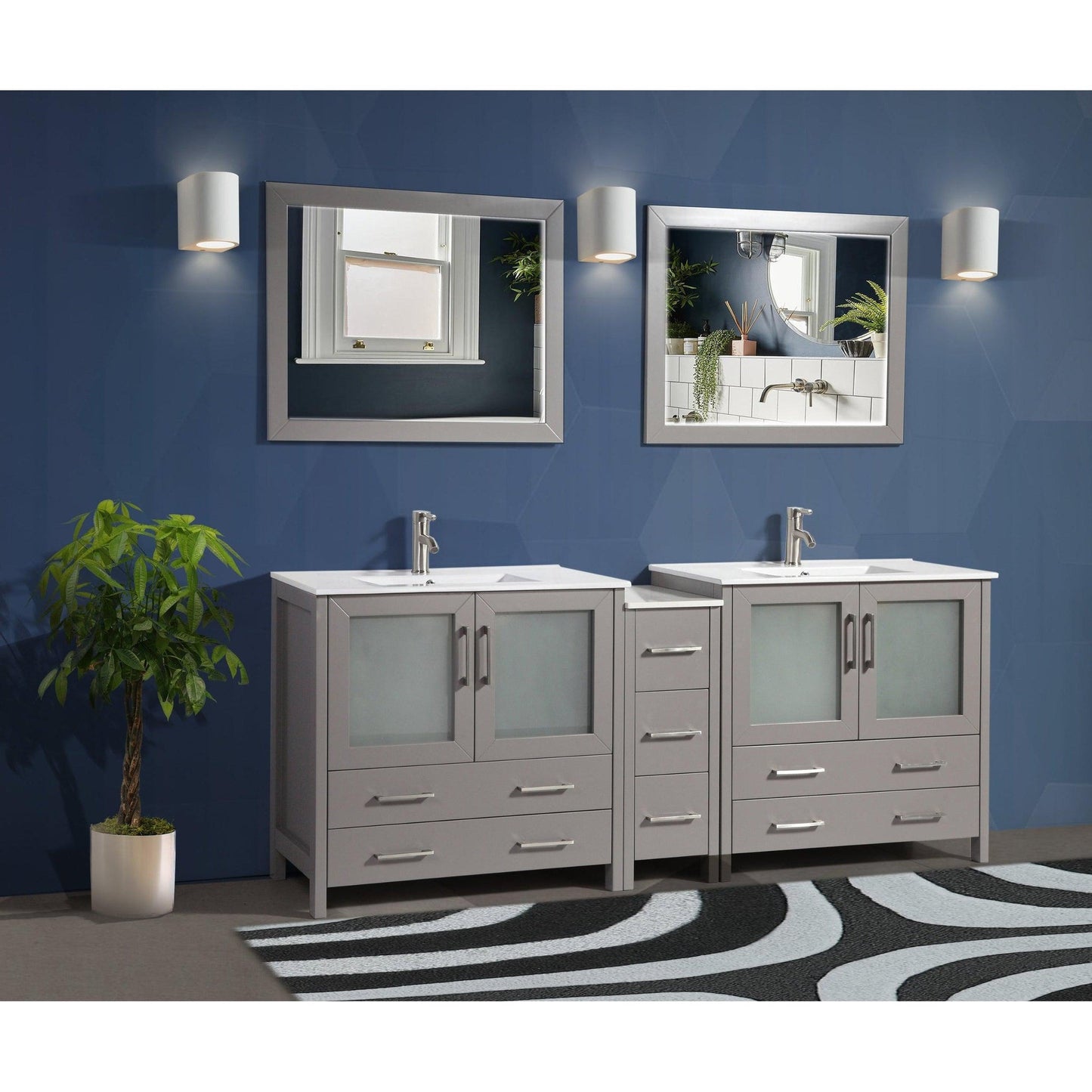 Vanity Art Brescia 84" Double Gray Freestanding Modern Bathroom Vanity Set With Integrated Ceramic Sink, 1 Side Cabinet and 2 Mirrors