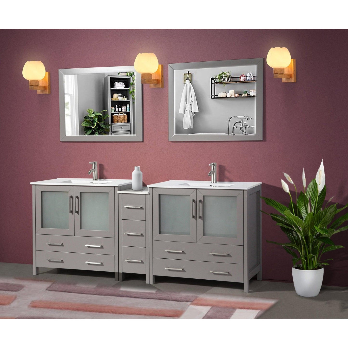 Vanity Art Brescia 84" Double Gray Freestanding Modern Bathroom Vanity Set With Integrated Ceramic Sink, 1 Side Cabinet and 2 Mirrors