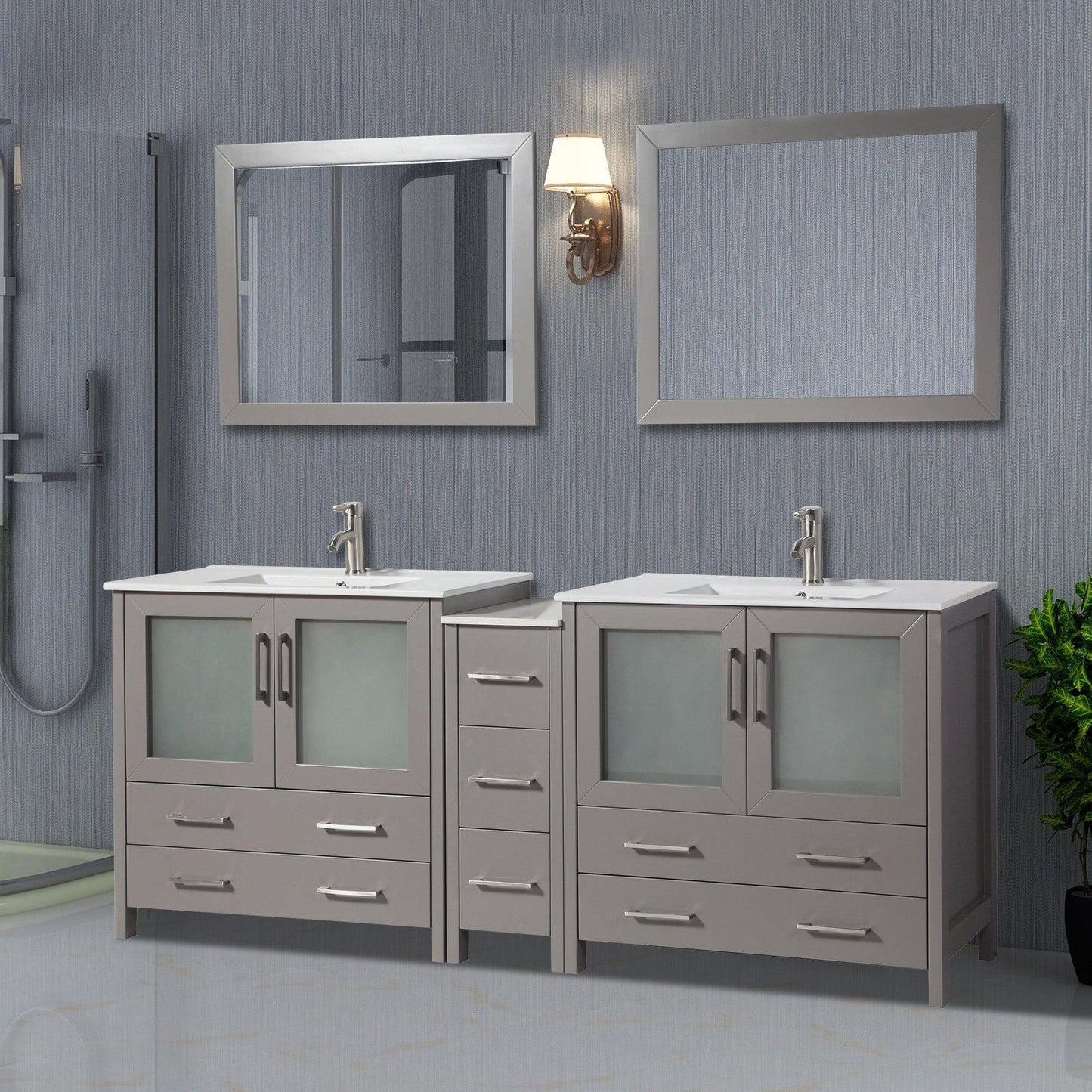 Vanity Art Brescia 84" Double Gray Freestanding Modern Bathroom Vanity Set With Integrated Ceramic Sink, 1 Side Cabinet and 2 Mirrors