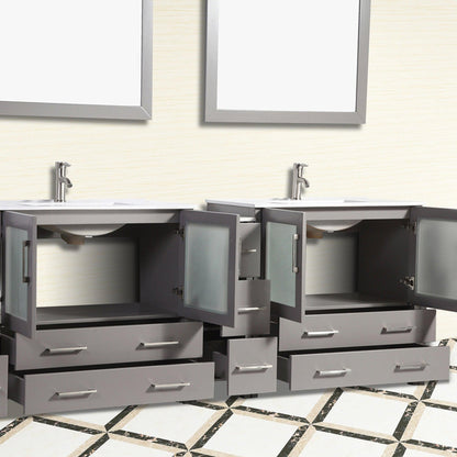 Vanity Art Brescia 84" Double Gray Freestanding Modern Bathroom Vanity Set With Integrated Ceramic Sink, 1 Side Cabinet and 2 Mirrors