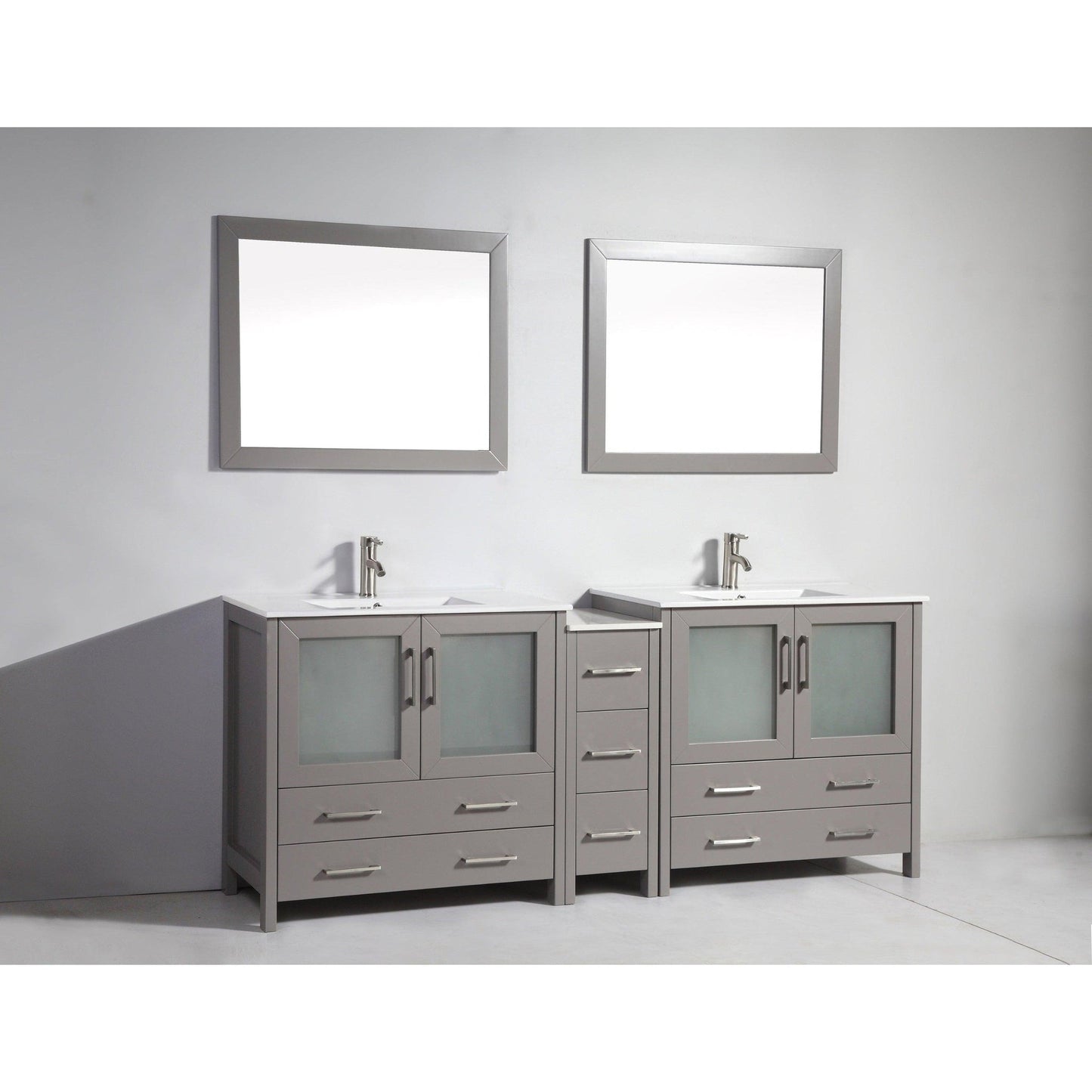 Vanity Art Brescia 84" Double Gray Freestanding Modern Bathroom Vanity Set With Integrated Ceramic Sink, 1 Side Cabinet and 2 Mirrors