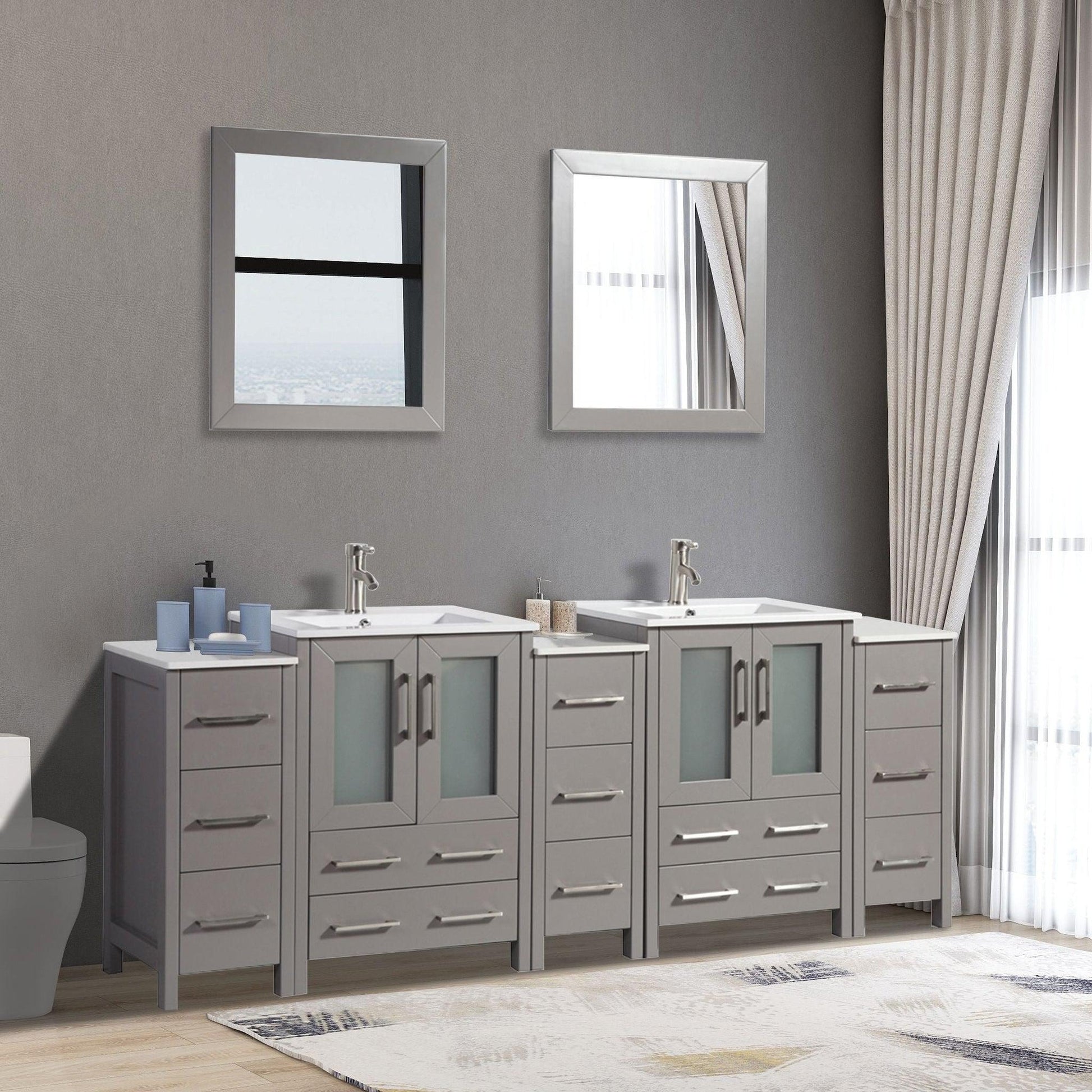 Vanity Art Brescia 84" Double Gray Freestanding Vanity Set With With Integrated Ceramic Sink, 3 Side Cabinets and 2 Mirrors