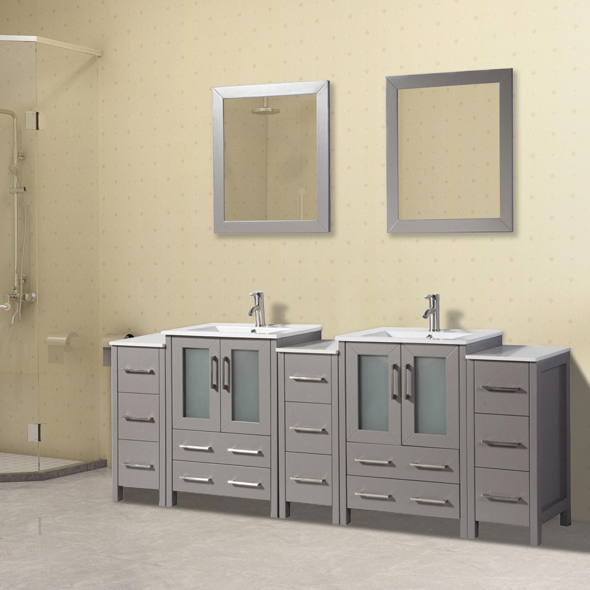 Vanity Art Brescia 84" Double Gray Freestanding Vanity Set With With Integrated Ceramic Sink, 3 Side Cabinets and 2 Mirrors