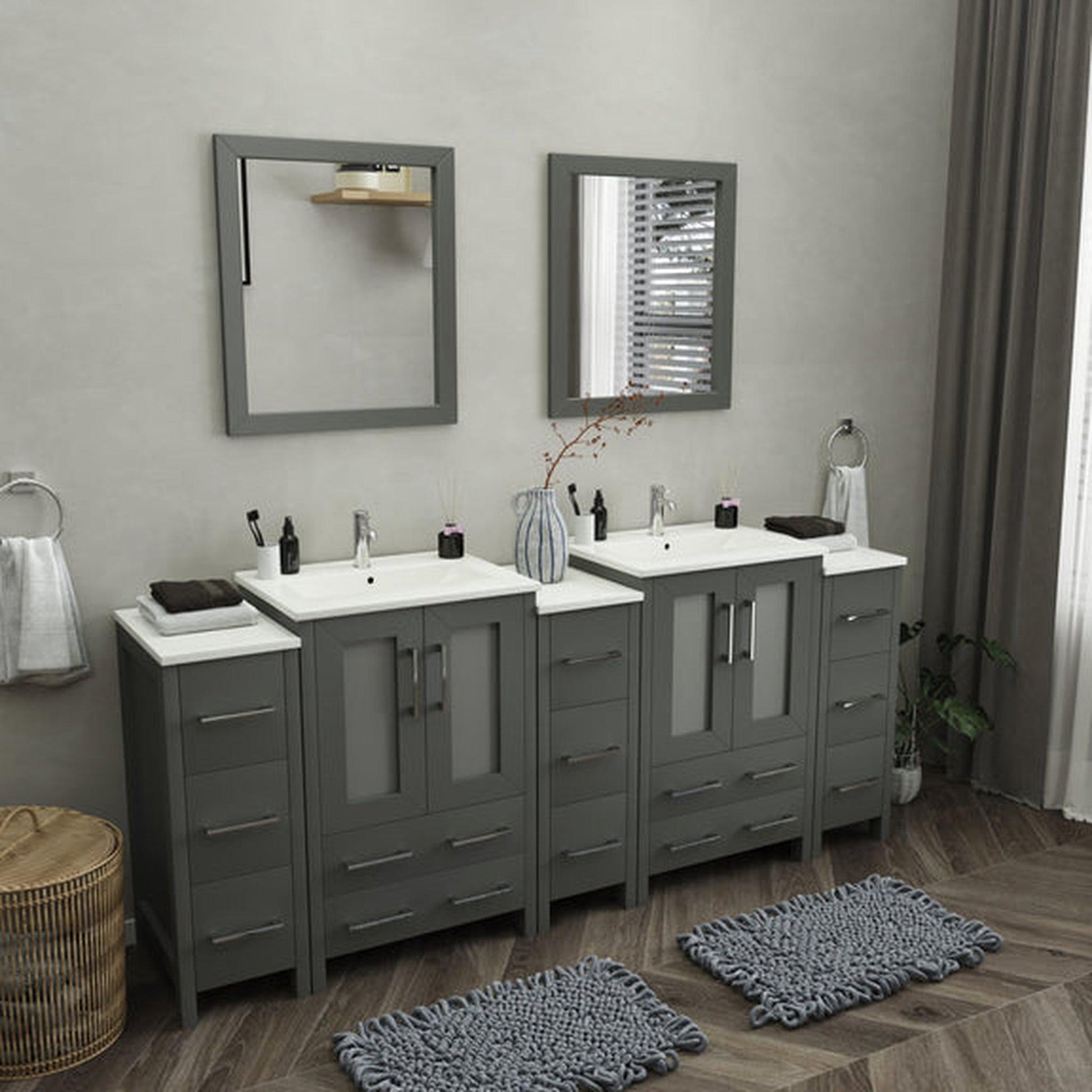 Vanity Art Brescia 84" Double Gray Freestanding Vanity Set With With Integrated Ceramic Sink, 3 Side Cabinets and 2 Mirrors