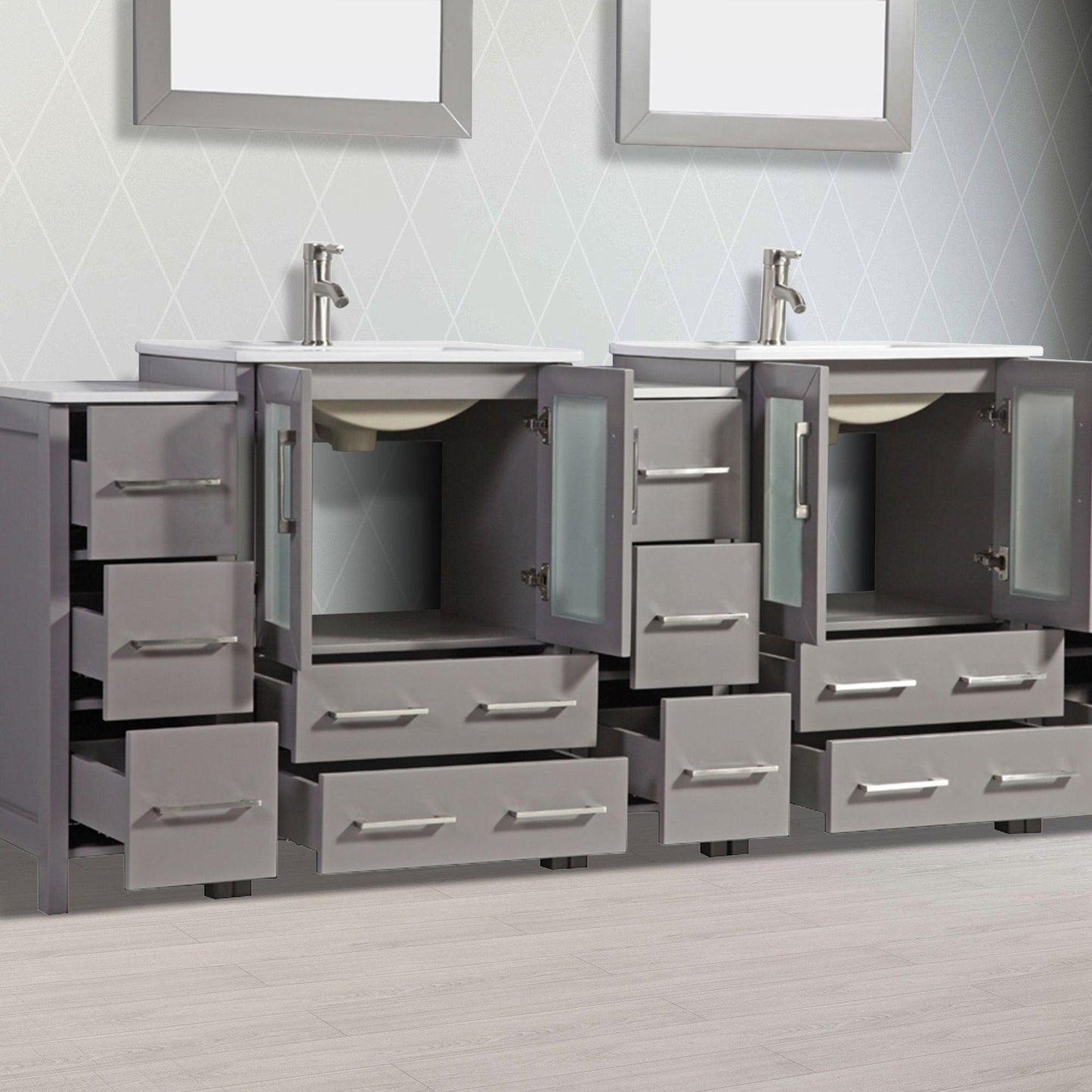 Vanity Art Brescia 84" Double Gray Freestanding Vanity Set With With Integrated Ceramic Sink, 3 Side Cabinets and 2 Mirrors